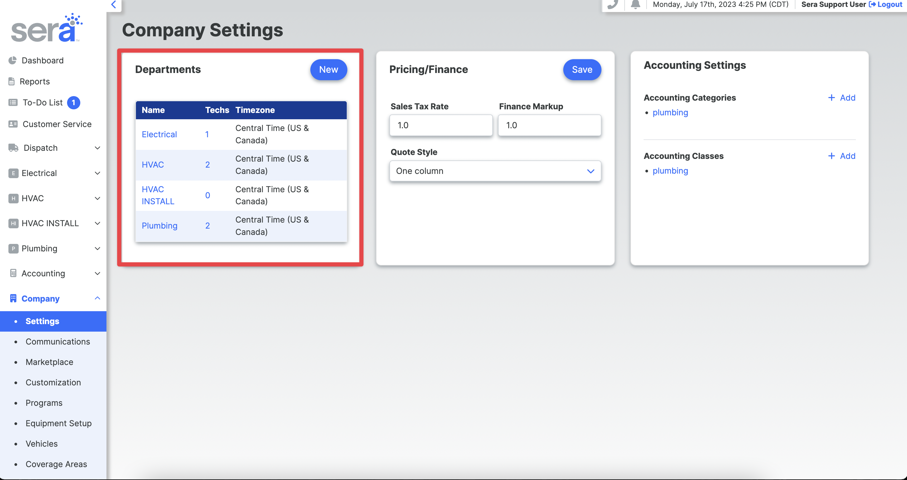 Company Settings – Sera Systems